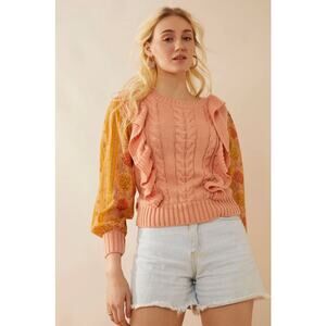 NWT Boutique Boho Peach Ruffled Mixed Media Sweater by Bohera